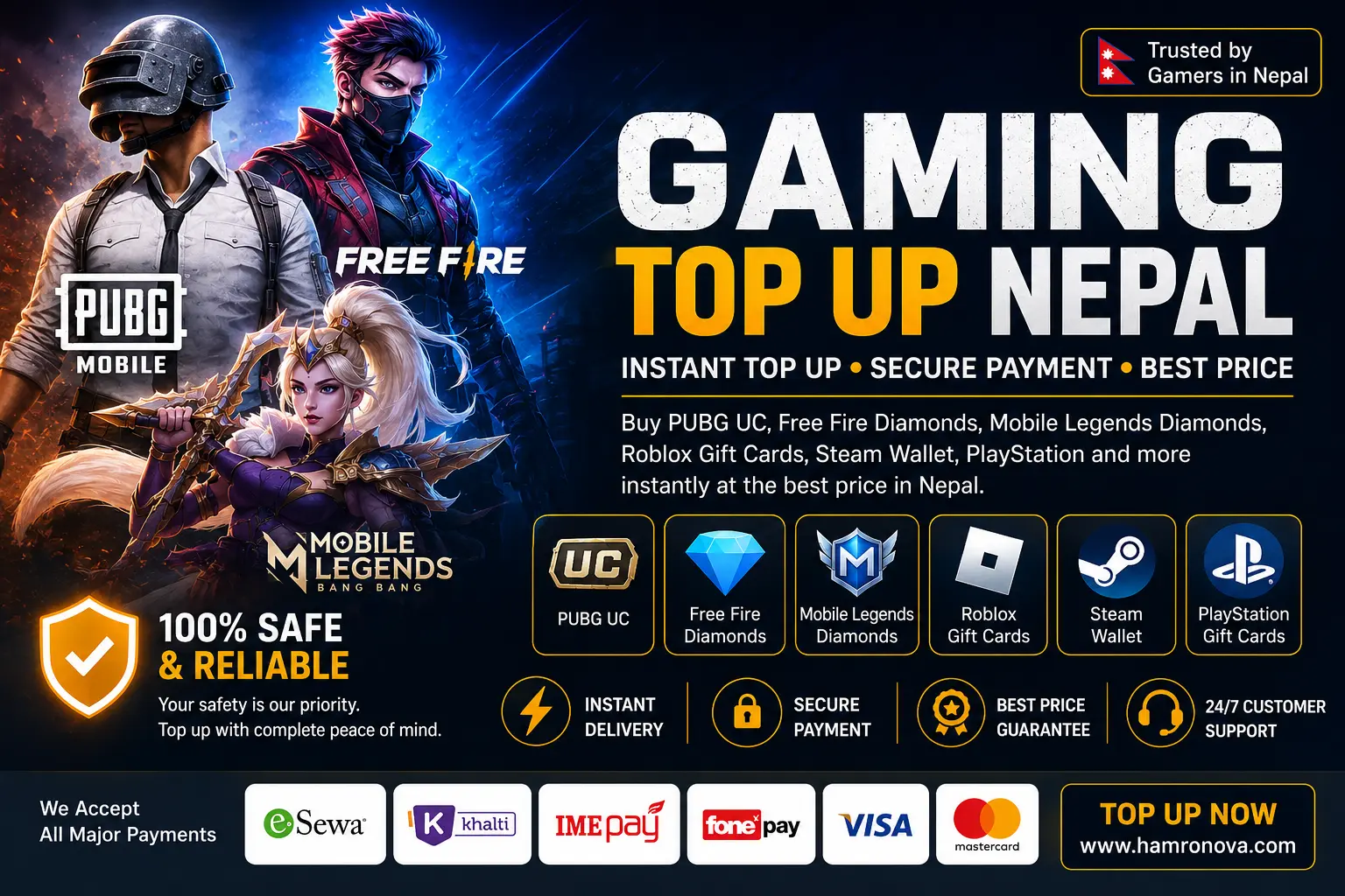 Gaming Top Up Nepal – Buy PUBG UC, Free Fire Diamonds, Mobile Legends & Gift Cards Instantly